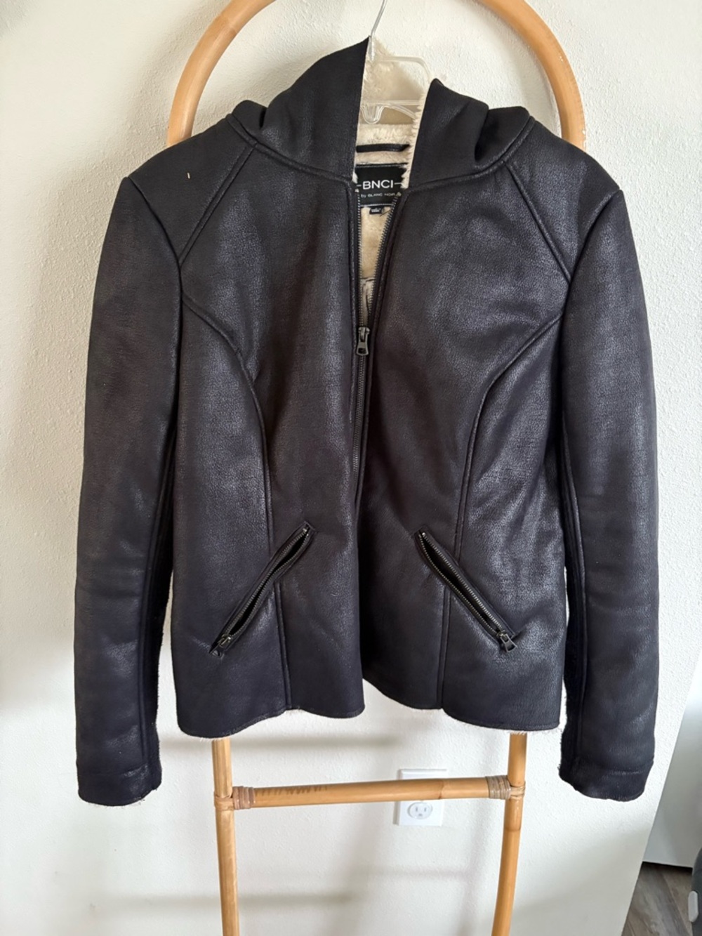 blanc noir Black Hooded Leather Jacket with Shearling Trim